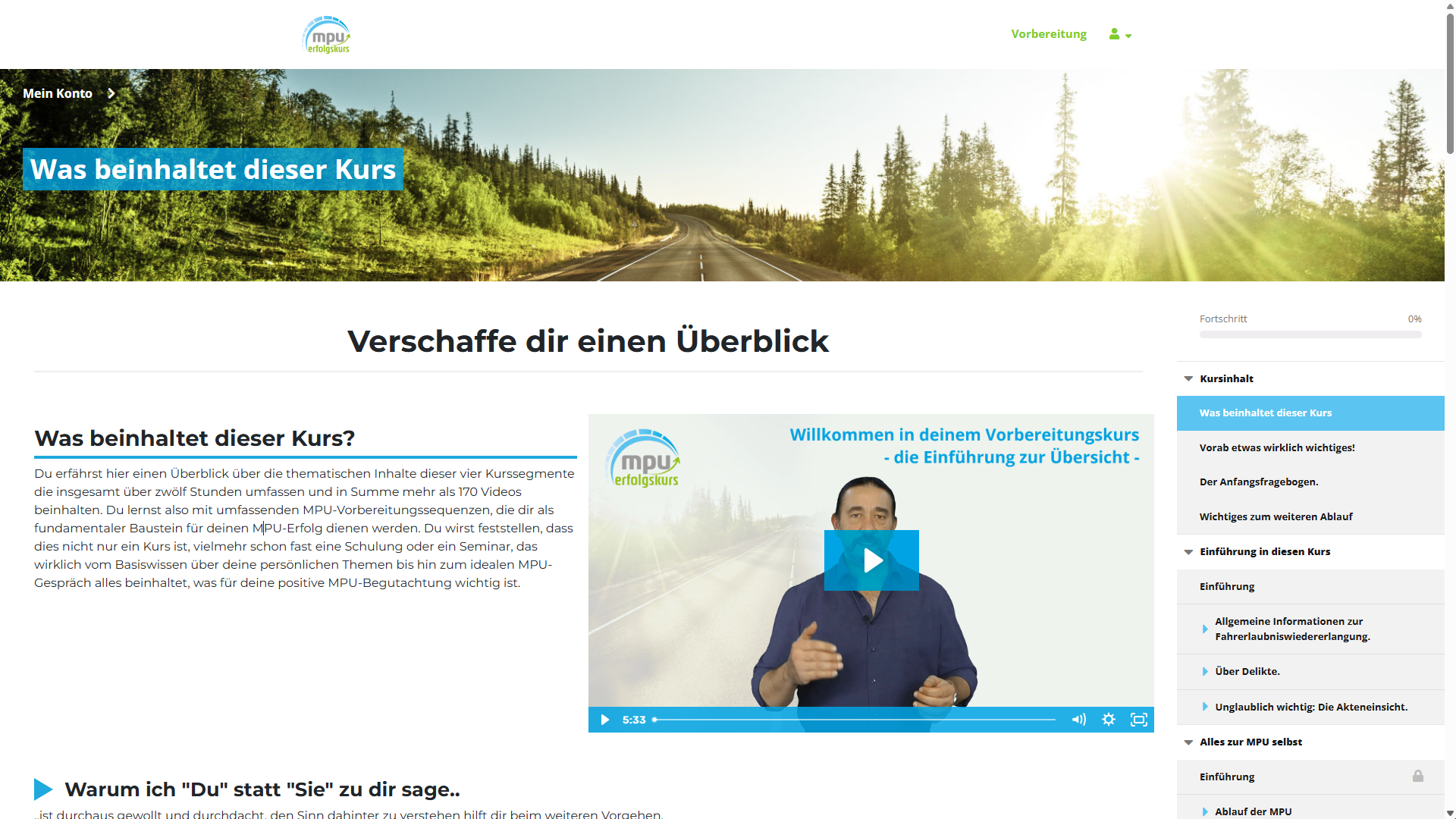 Screenshot: Lektion mit Video und Übungsmaterial